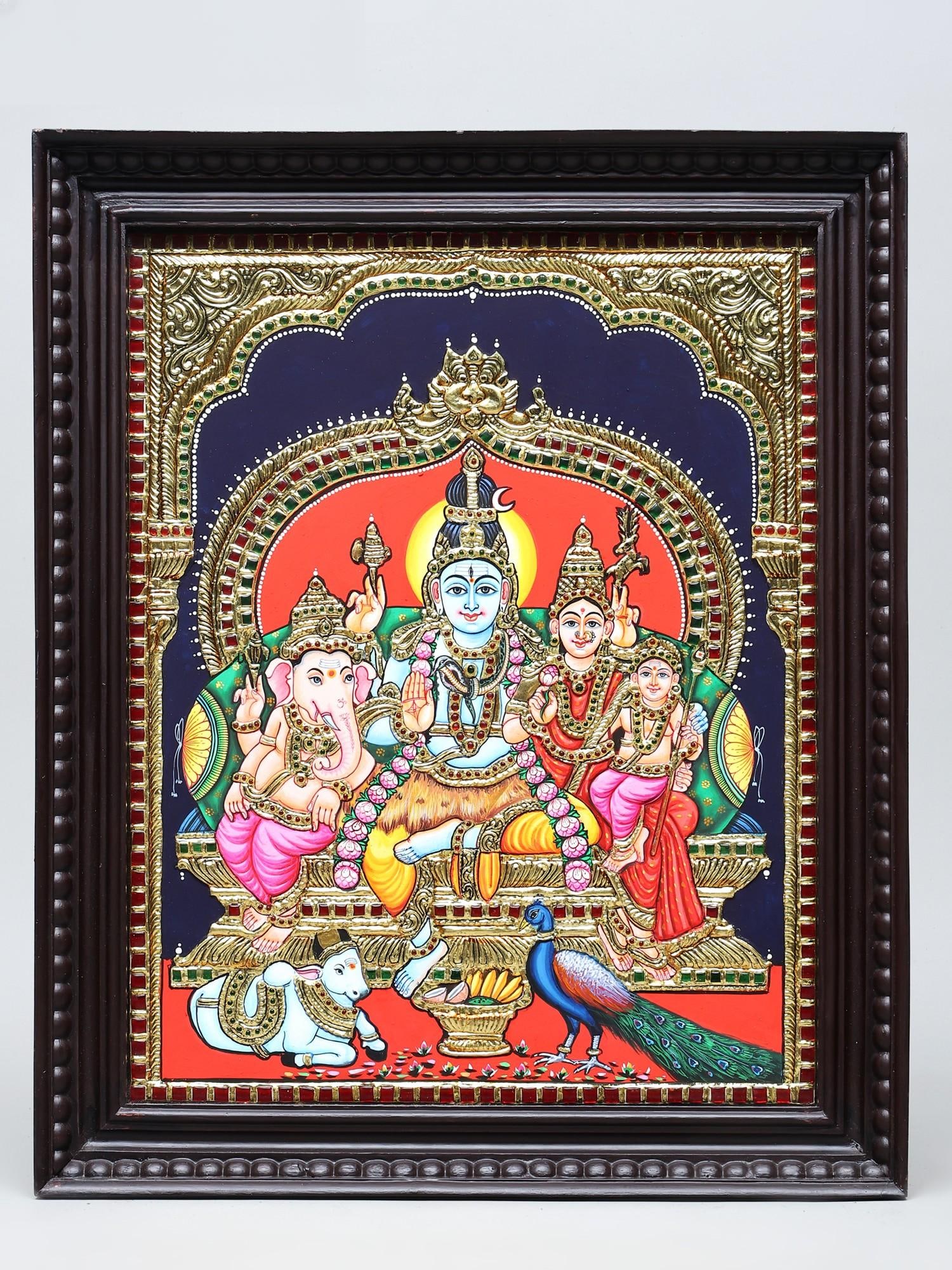 Lord Shiva Family Seated on Throne | Traditional Colors with 24 Karat Gold | Framed Tanjore Painting (1 of 2)