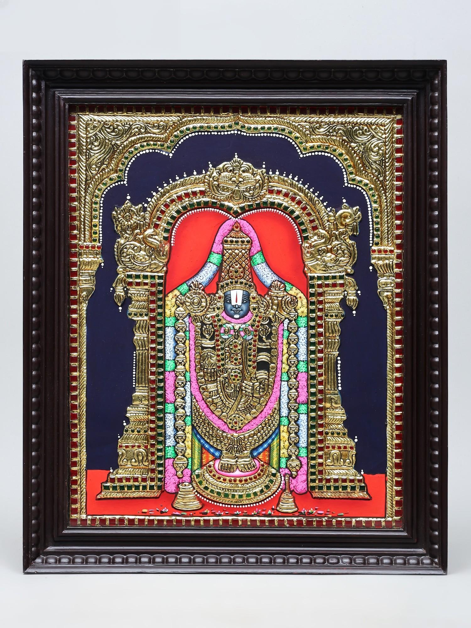 Lord Venkateswara (Tirupati Balaji) in Standing Gesture | Traditional Colors with 24 Karat Gold |: Title: Lord Venkateswara (Tirupati Balaji) in Standing Gesture | Traditional Colors with 24 Karat Gold | Framed Tanjore Painting Description: Tanjore (Thanjavur) Painting Reserve: $670.00 Shipping: Do