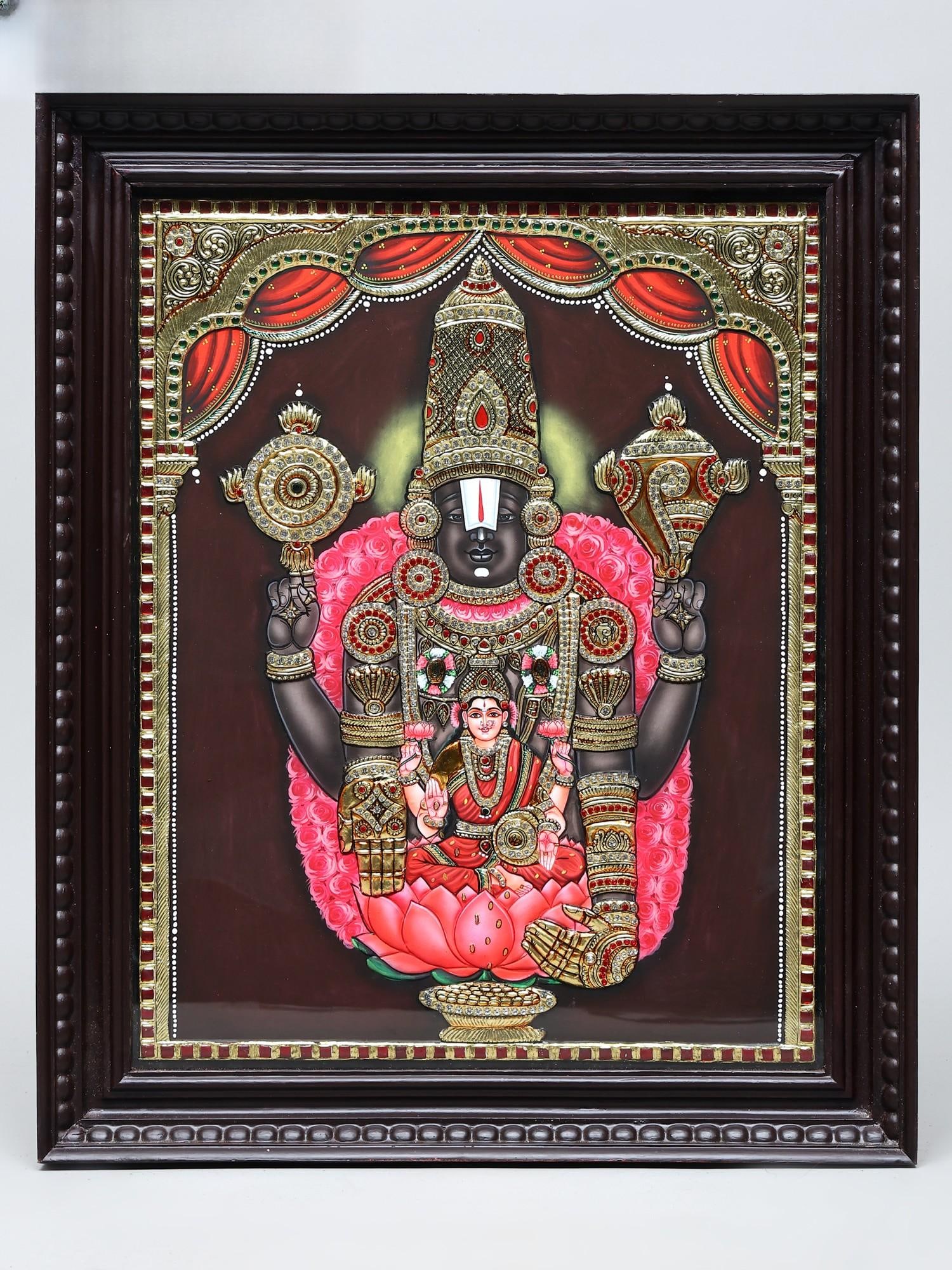 Lord Tirupati Balaji with Goddess Lakshmi and Vaishnava Symbols | Traditional Colors with 24 Karat: Title: Lord Tirupati Balaji with Goddess Lakshmi and Vaishnava Symbols | Traditional Colors with 24 Karat Gold | Framed Tanjore Painting Description: Tanjore (Thanjavur) Painting Reserve: $670.00 Ship