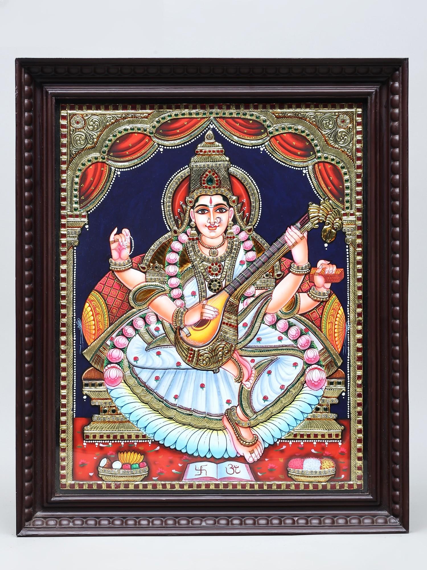 Goddess Saraswati Seated with Sitar | Traditional Colors with 24 Karat Gold | Framed Tanjore (1 of 2)