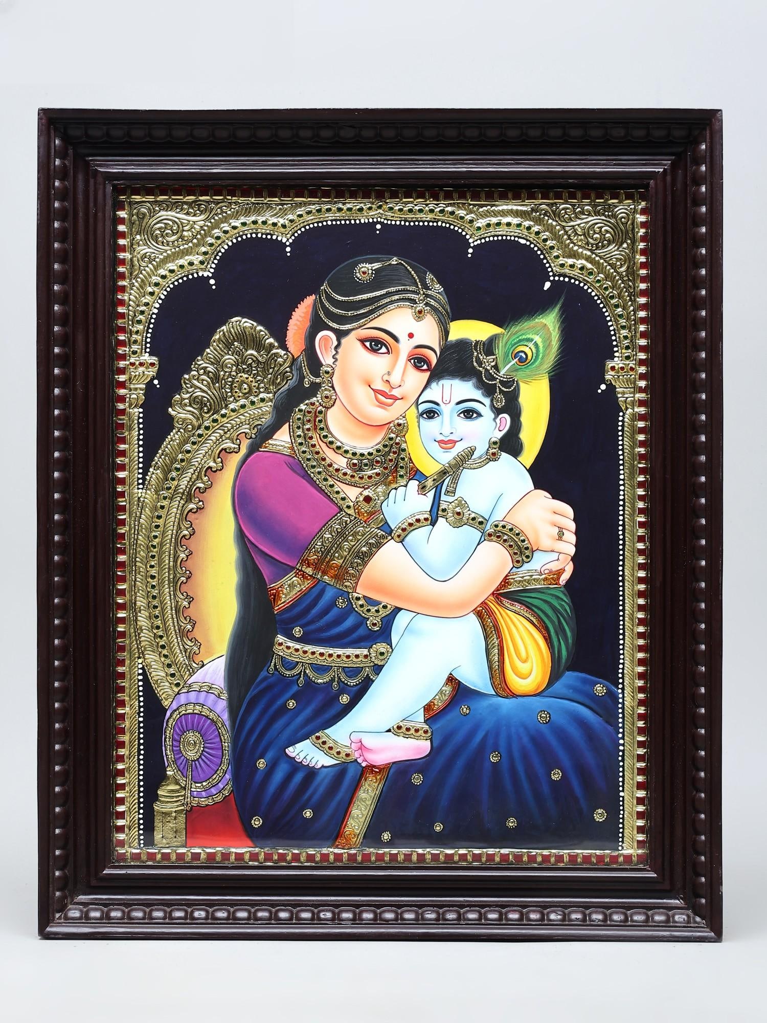 Yashoda Maiya and Little Krishna - Divine Love of Mother | Taditional Colors with 24 Karat Gold |: Title: Yashoda Maiya and Little Krishna - Divine Love of Mother | Taditional Colors with 24 Karat Gold | Framed Tanjore Painting Description: Tanjore (Thanjavur) Painting Reserve: $670.00 Shipping: Do