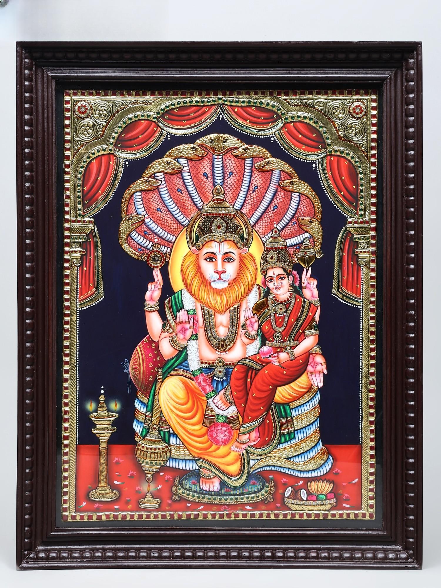 Lord Narasimha Seated on Sheshnag Throne with Goddess Lakshmi | Traditional Colors with 24 Karat (1 of 2)