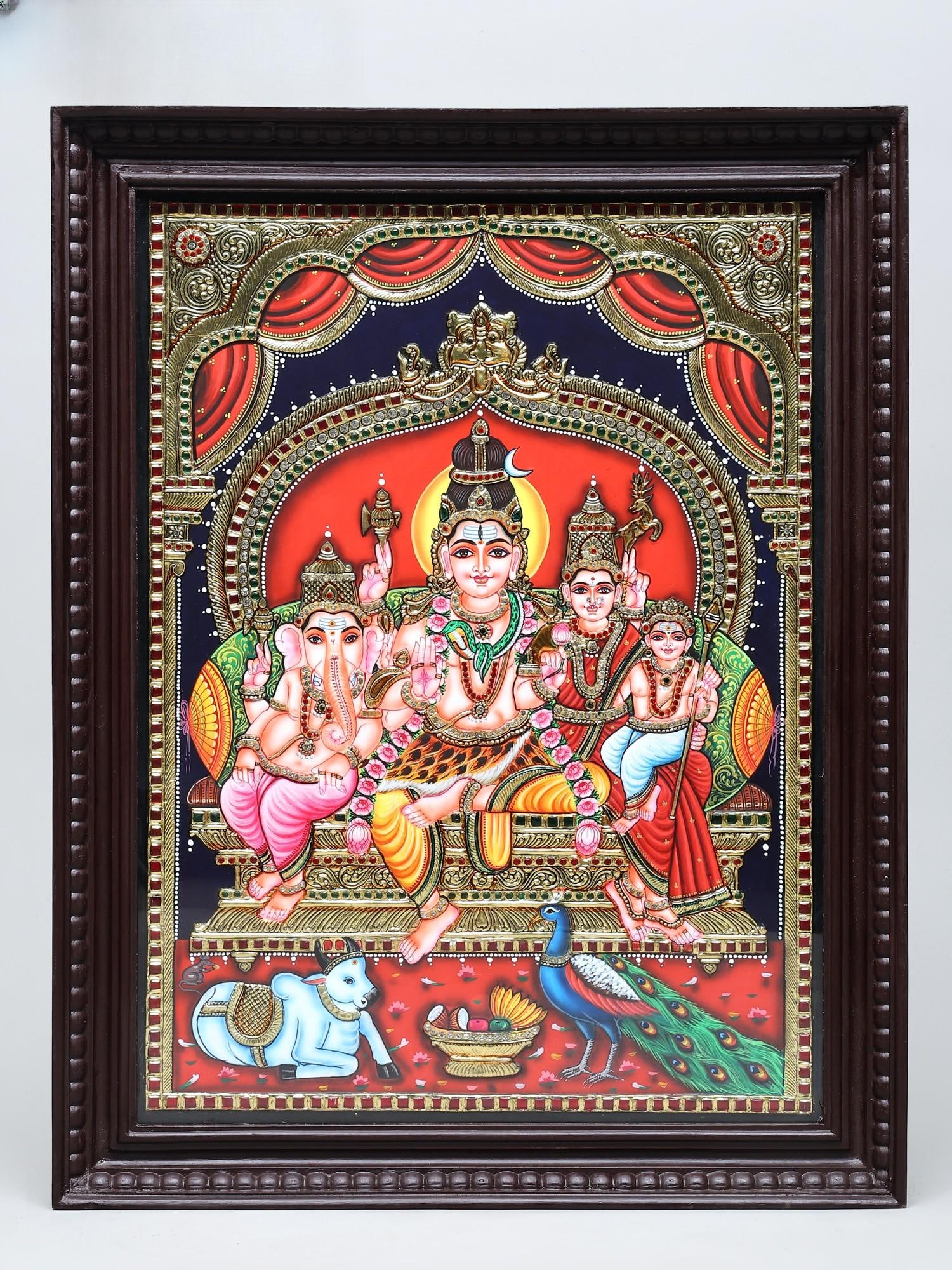 Lord Shiva Seated with Family on Kirtimukha Throne | Traditional Colors with 24 Karat Gold | Tanjore (1 of 2)
