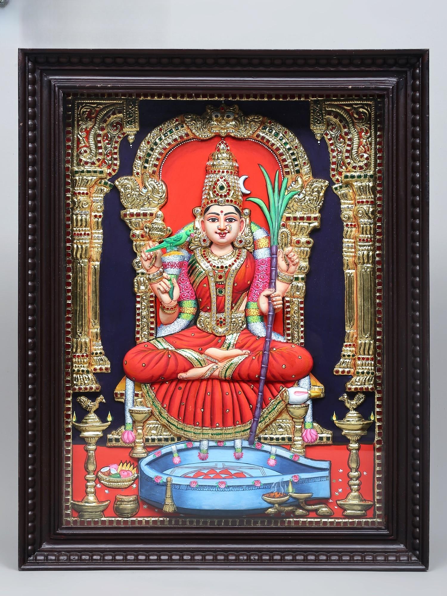 Goddess Trupura Sundari (Rajarajeshvari) | Traditional Colors with 24 Karat Gold | Embossed Three (1 of 2)