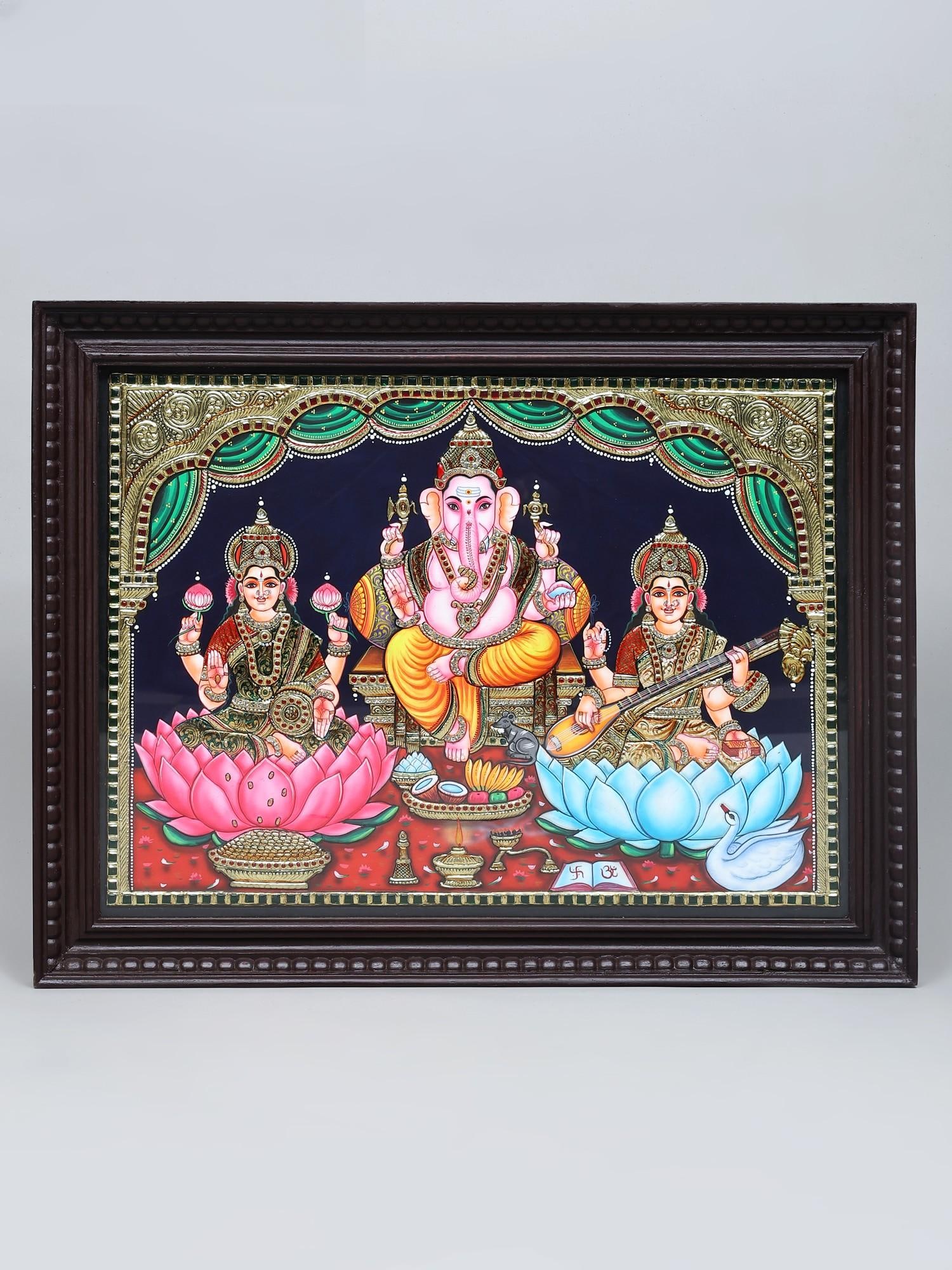 Seated Goddess Lakshmi, Lord Ganesha and Goddess Saraswati | Traditional Colors with 24 Karat Gold | (1 of 2)