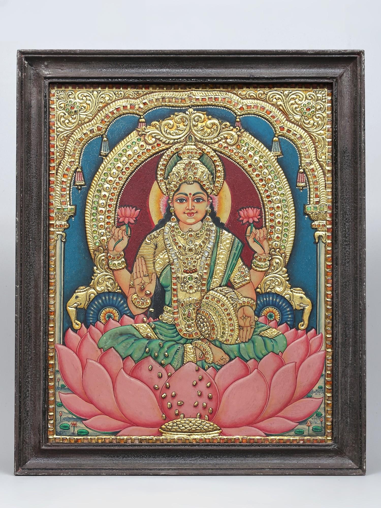 Chaturbhuja Goddess Dhanalakshmi | Traditional Colors with 24 Karat Gold Work | Embossed Three (1 of 2)