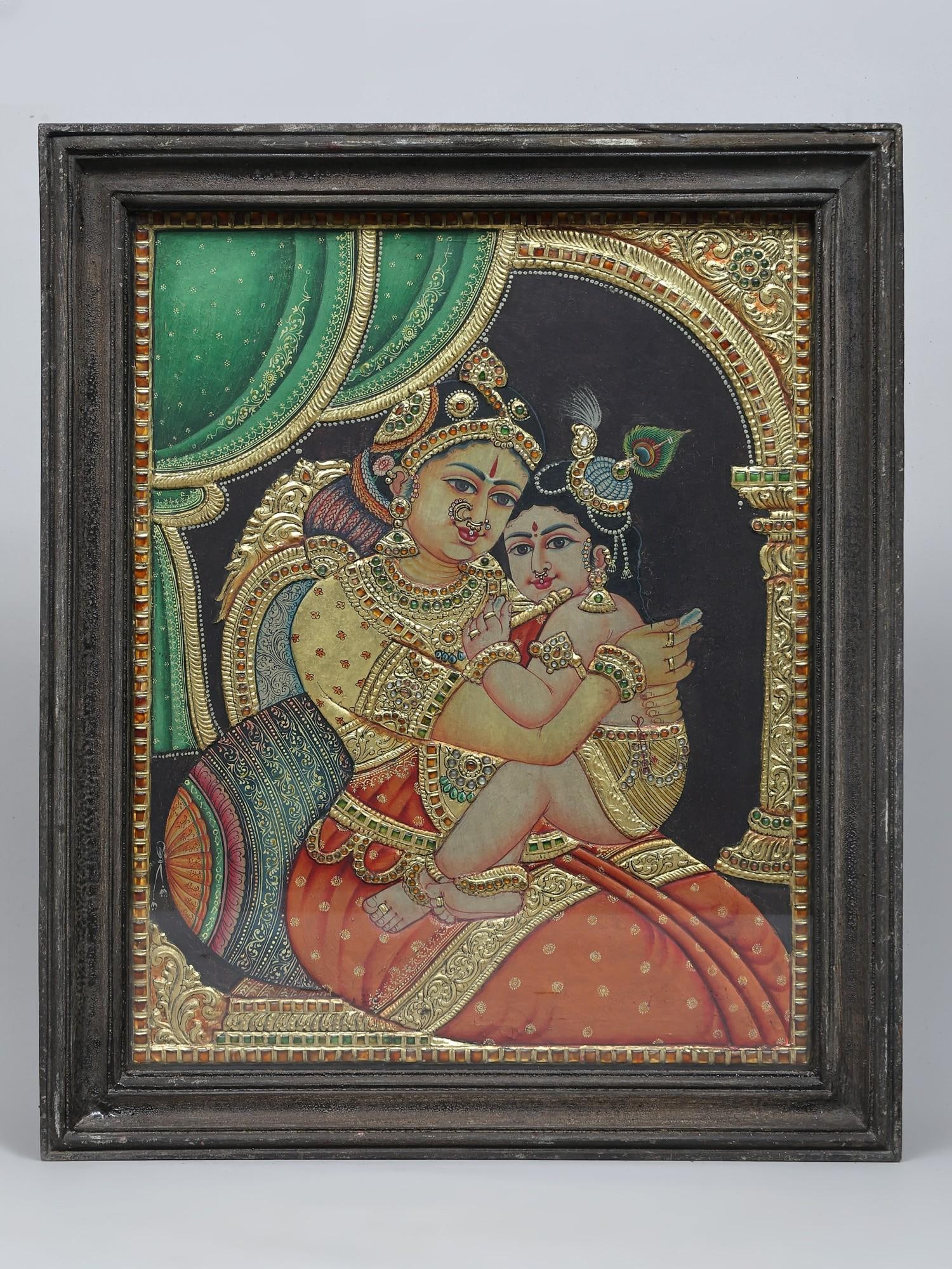Mother Yashoda and Baby Krishna | Traditional Colors with 24 Karat Gold | Embossed Three Dimensional (1 of 2)