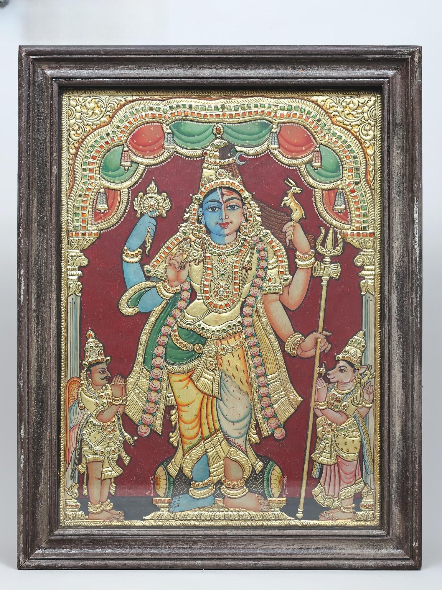 Harihara - Lord Vishnu and Lord Shiva | Traditional Colors with 24 Karat Gold | Embossed Three (1 of 2)