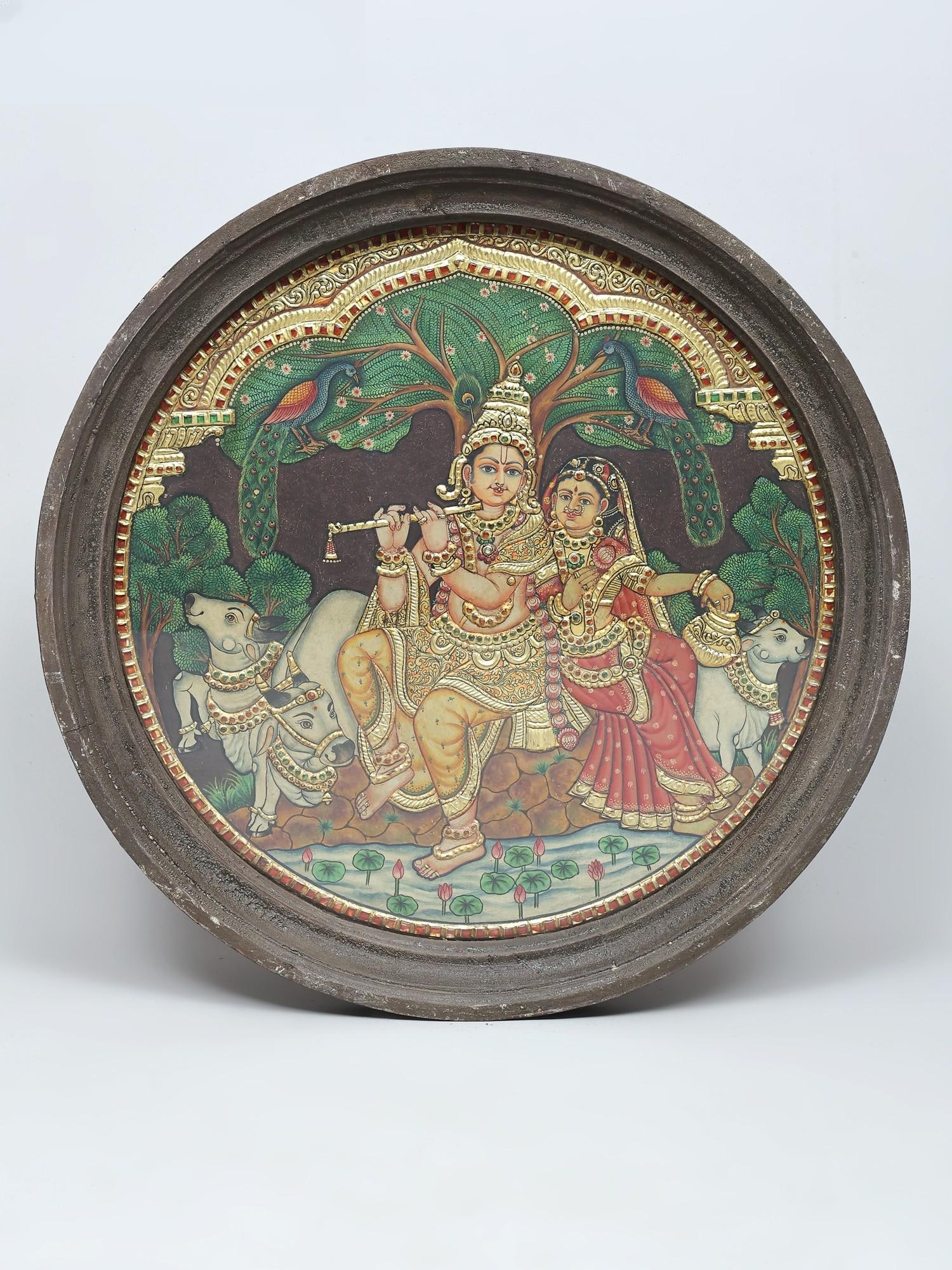 Krishna Gopal with Radha | Traditional Colors with 24 Karat Gold | Vintage Framed Circular Tanjore (1 of 2)