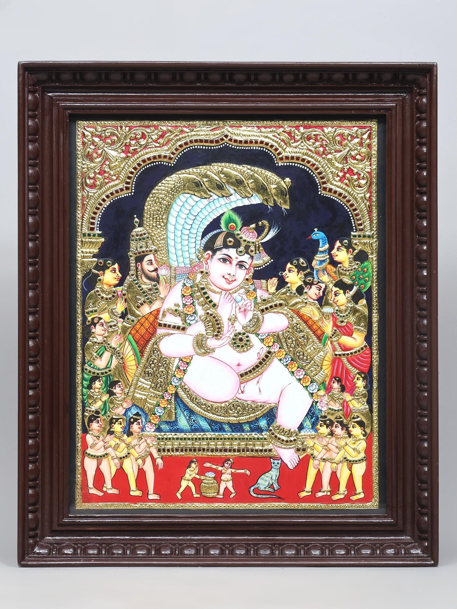 Bal Lila of Little Krishna | Traditional Colors with 24 Karat Gold | Tanjore Painting with Frame (1 of 2)