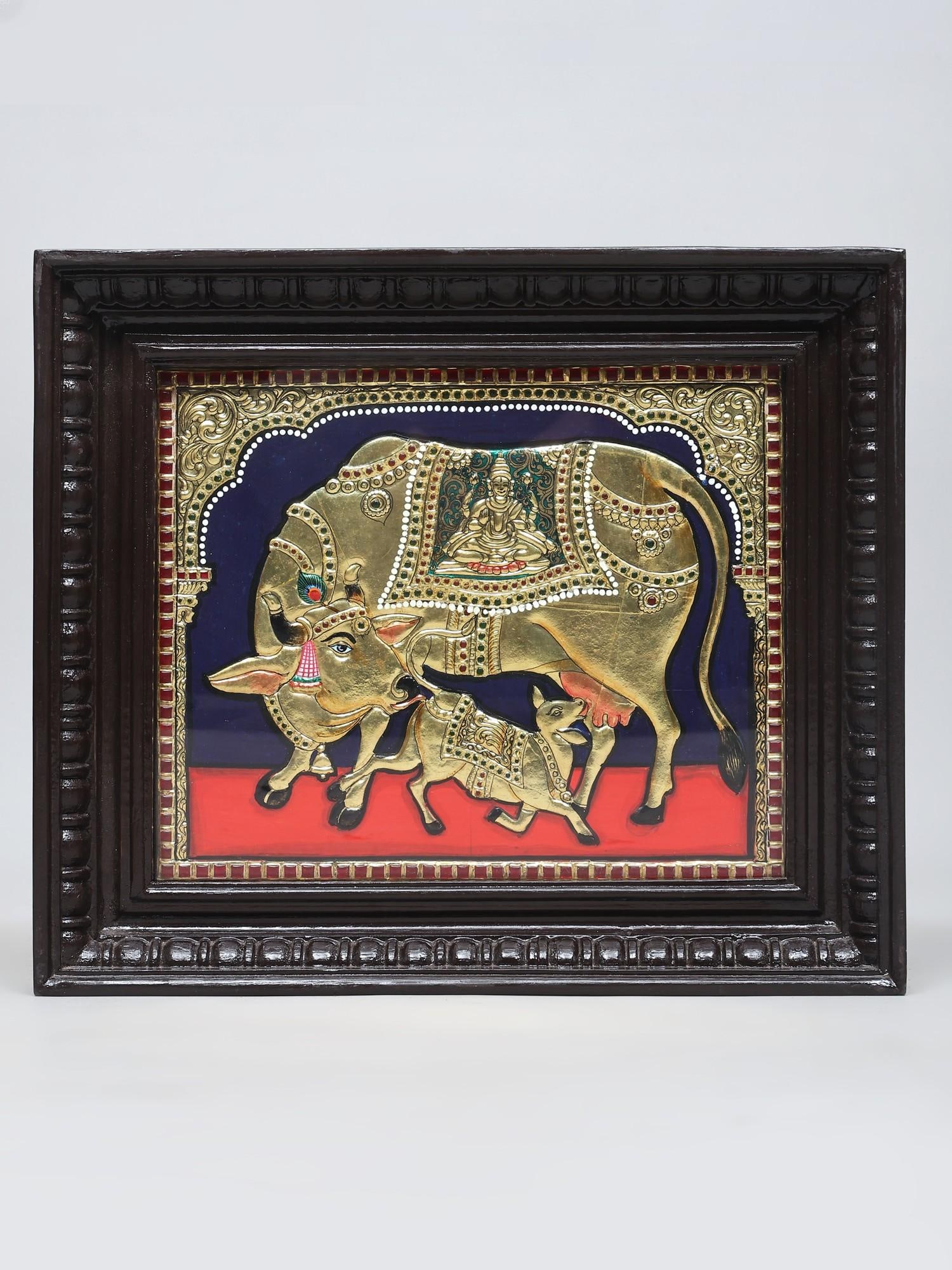 Divine Cow with Calf | Traditional Colors with 24 Karat Gold | Tanjore Painting with Frame: Title: Divine Cow with Calf | Traditional Colors with 24 Karat Gold | Tanjore Painting with Frame Description: Tanjore (Thanjavur) Painting Reserve: $343.00 Shipping: Domestic: Shipping rates
