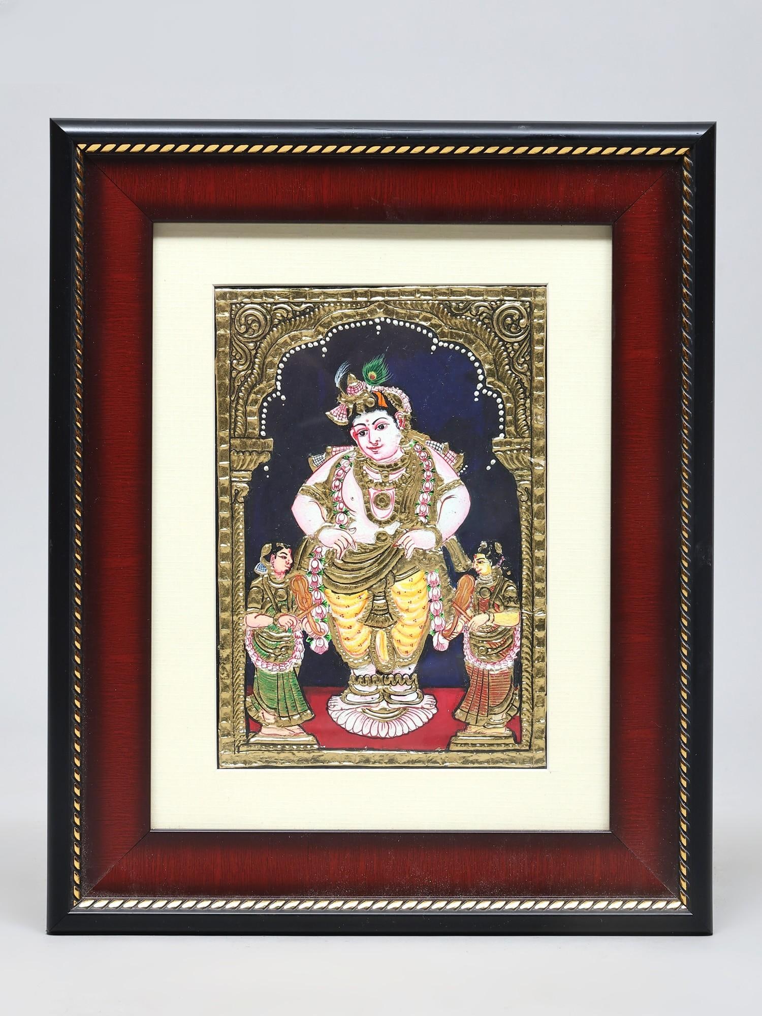 Bal Krishna Standing with Devotee | Traditional Colors with 24 Karat Gold | Tanjore Painting with: Title: Bal Krishna Standing with Devotee | Traditional Colors with 24 Karat Gold | Tanjore Painting with Frame Description: Tanjore (Thanjavur) Painting Reserve: $109.00 Shipping: Domestic: Shipping