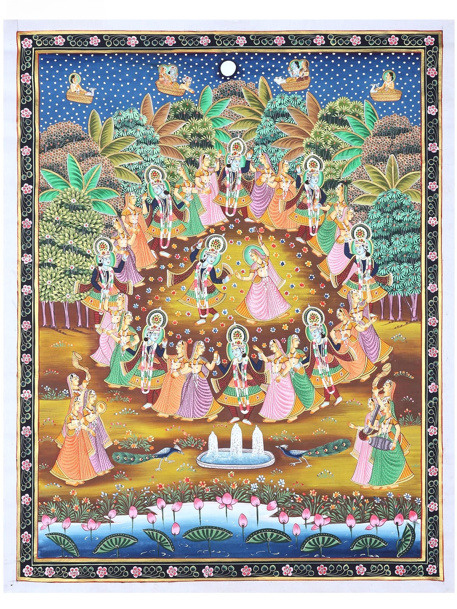 Krishna Raas Lila with Gopis | Natural Color on Cloth | Handmade Pichwai Painting: Title: Krishna Raas Lila with Gopis | Natural Color on Cloth | Handmade Pichwai Painting Description: Folk Paintings Reserve: $305.00 Shipping: Domestic: Shipping rates are determined by