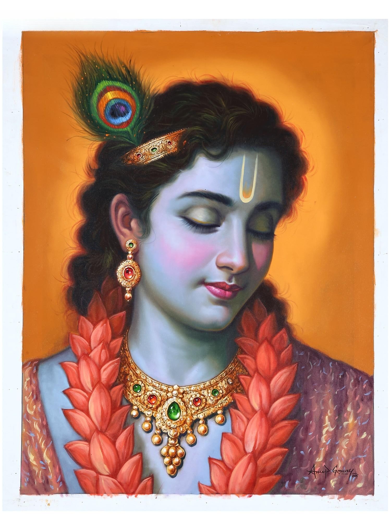 Krishna Immersed in Memories of Radha | Oil on Canvas | Handmade Painting (1 of 2)
