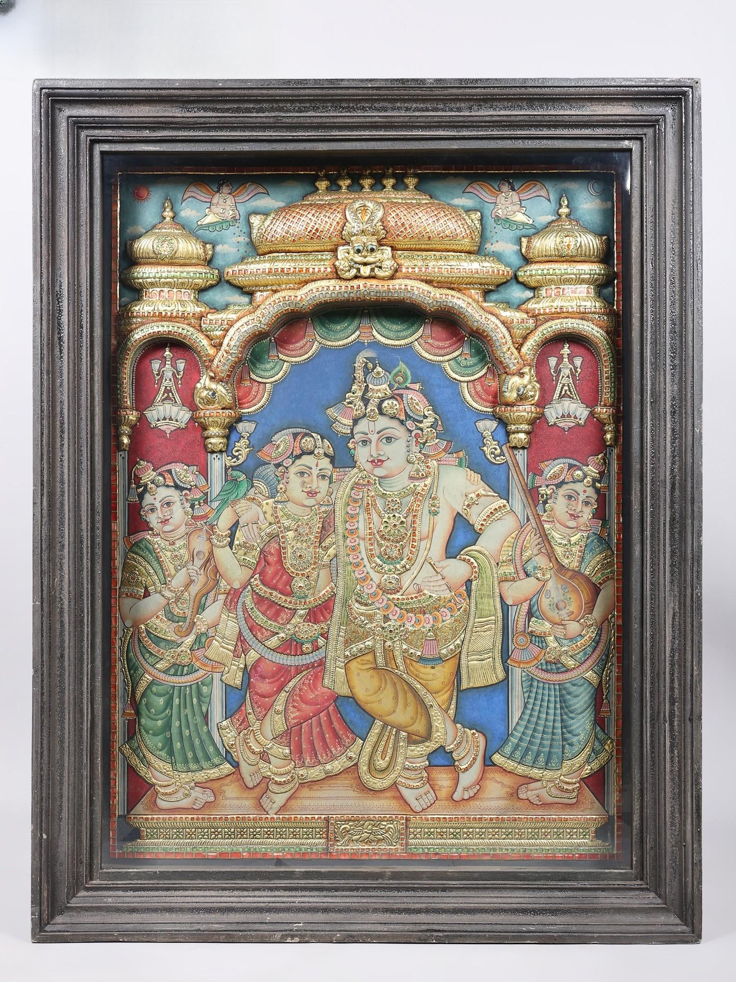 Standing Lord Krishna with Rukmini | 24 Karat Gold Work | Embossed Three Dimensional Vintage Tanjore (1 of 2)