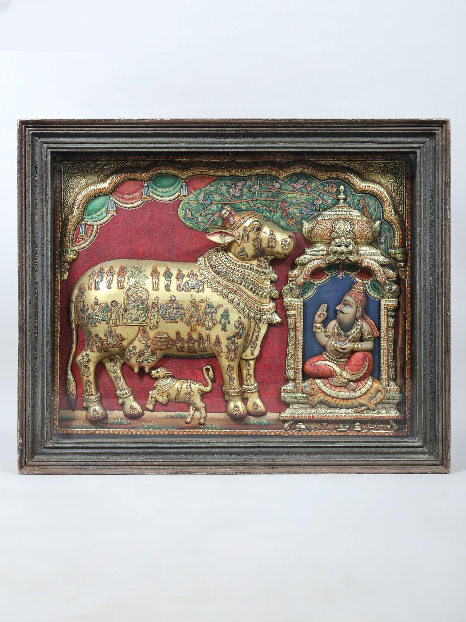 Kamadhenu Cow with Vashist Muni | 24 Karat Gold Work | Embossed Three Dimensional Vintage Tanjore (1 of 2)