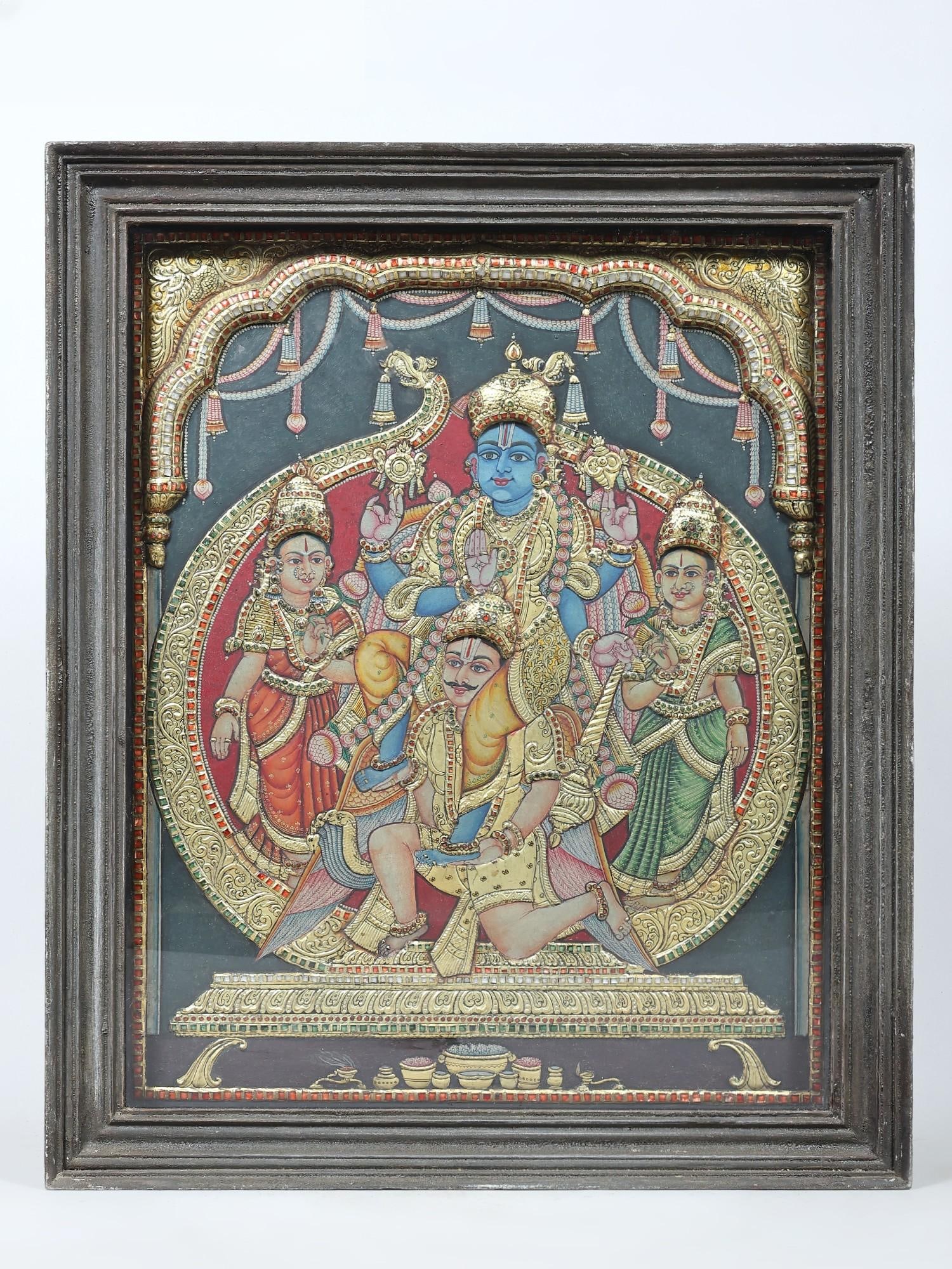 Shri Hari Vishnu Seated on Garuda with Sridevi and Bhudevi | 24 Karat Gold Work Embossed Tanjore: Title: Shri Hari Vishnu Seated on Garuda with Sridevi and Bhudevi | 24 Karat Gold Work Embossed Tanjore Painting | With Vintage Frame Description: Tanjore (Thanjavur) Painting Reserve: $2,582.00
