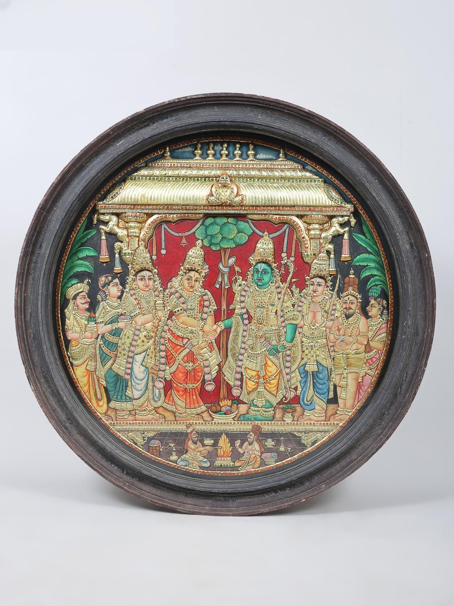 Goddess Sita Kalyanam (Ram-Sita Vivah) | Embossed Circular Tanjore Painting with 24 Karat Gold Work: Title: Goddess Sita Kalyanam (Ram-Sita Vivah) | Embossed Circular Tanjore Painting with 24 Karat Gold Work | With Vintage Frame Description: Tanjore (Thanjavur) Painting Reserve: $4,264.00 Shipping: