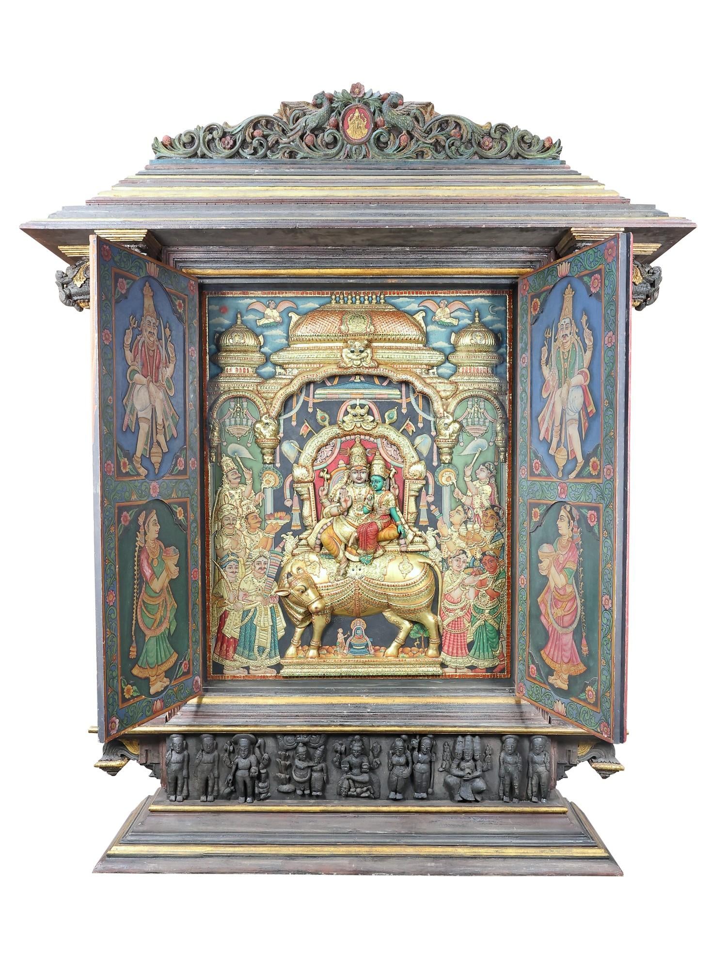 Huge Mandapam of Lord Shiva and Parvati: Embossed Three Dimensional Tanjore Painting (Shipped by: Title: Huge Mandapam of Lord Shiva and Parvati: Embossed Three Dimensional Tanjore Painting (Shipped by Sea) Description: Tanjore (Thanjavur) Painting Reserve: $38,807.00 Shipping: Domestic: Shipping