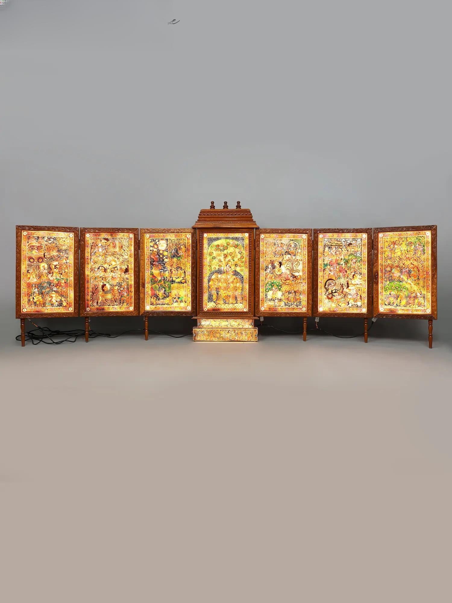 127" Huge Illuminated Krishna-Leela Shrine: Multi-Panel Andhra Leather Painting in Wooden Frame: Title: 127" Huge Illuminated Krishna-Leela Shrine: Multi-Panel Andhra Leather Painting in Wooden Frame Description: Folk Paintings Reserve: $7,307.00 Shipping: Domestic: Shipping rates