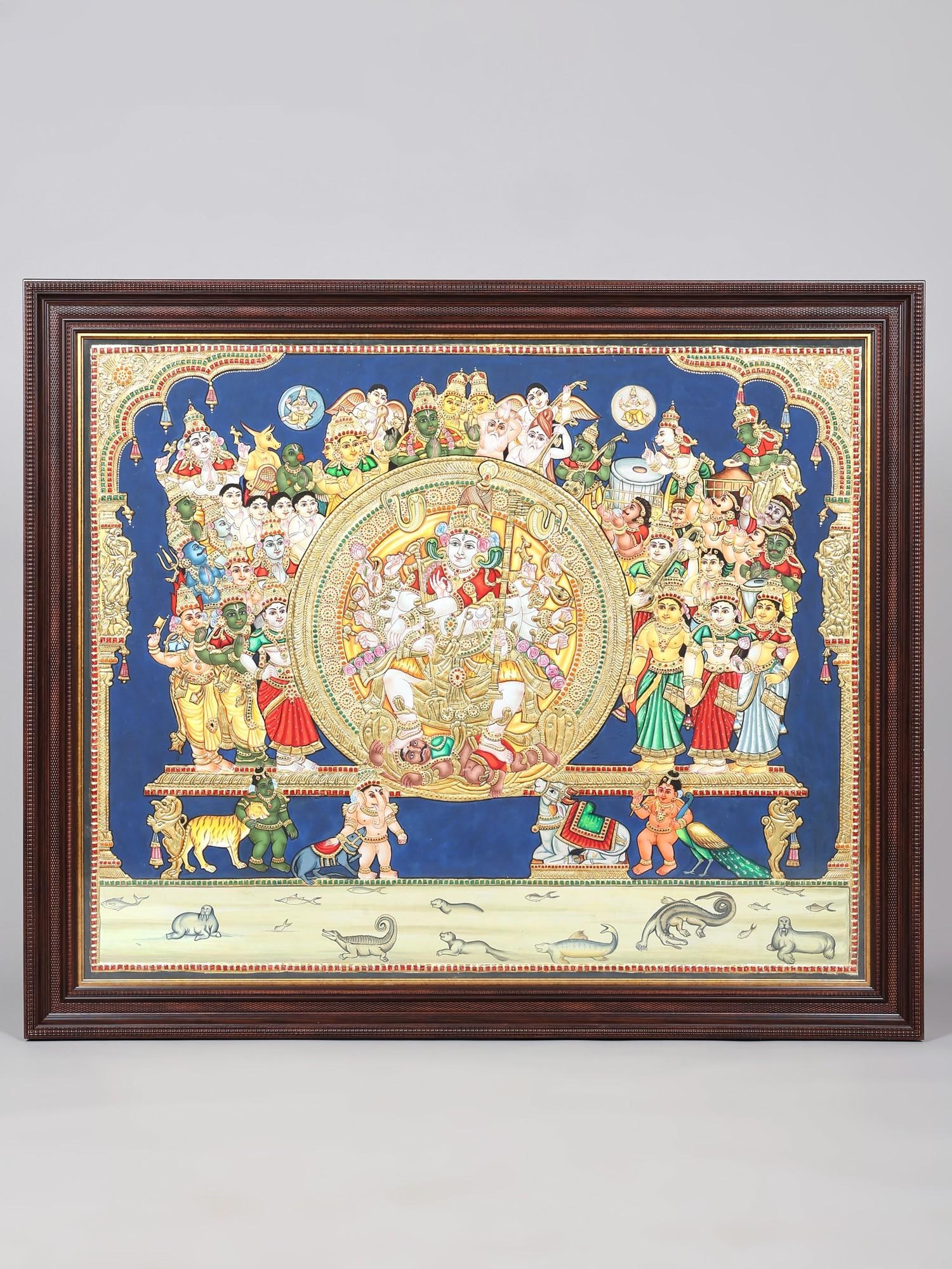 Divine Nataraja Darshan: Gods and Goddesses Witnessing Shiva’s Cosmic Dance | Framed Tanjore: Title: Divine Nataraja Darshan: Gods and Goddesses Witnessing Shiva’s Cosmic Dance | Framed Tanjore Painting with 24 Karat Gold Work Description: Tanjore (Thanjavur) Painting Reserve: $3,932.00