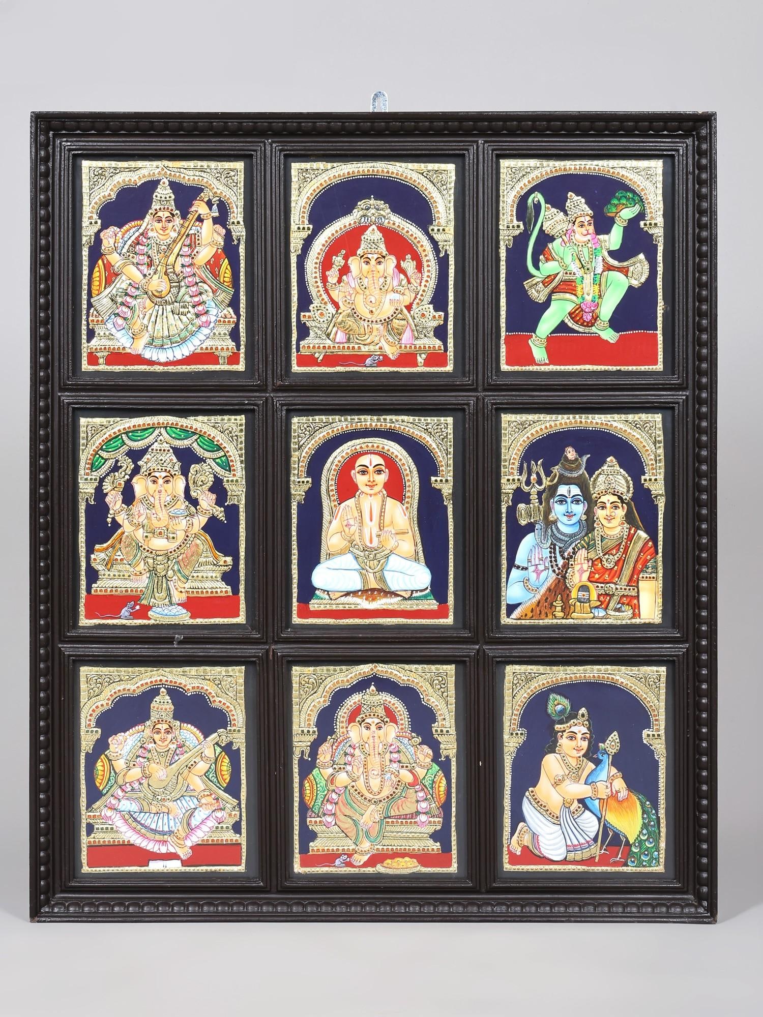 Combine Frame of Hindu Deities | Framed Tanjore Painting with 24 Karat Gold Work: Title: Combine Frame of Hindu Deities | Framed Tanjore Painting with 24 Karat Gold Work Description: Tanjore (Thanjavur) Painting Reserve: $782.00 Shipping: Domestic: Shipping rates