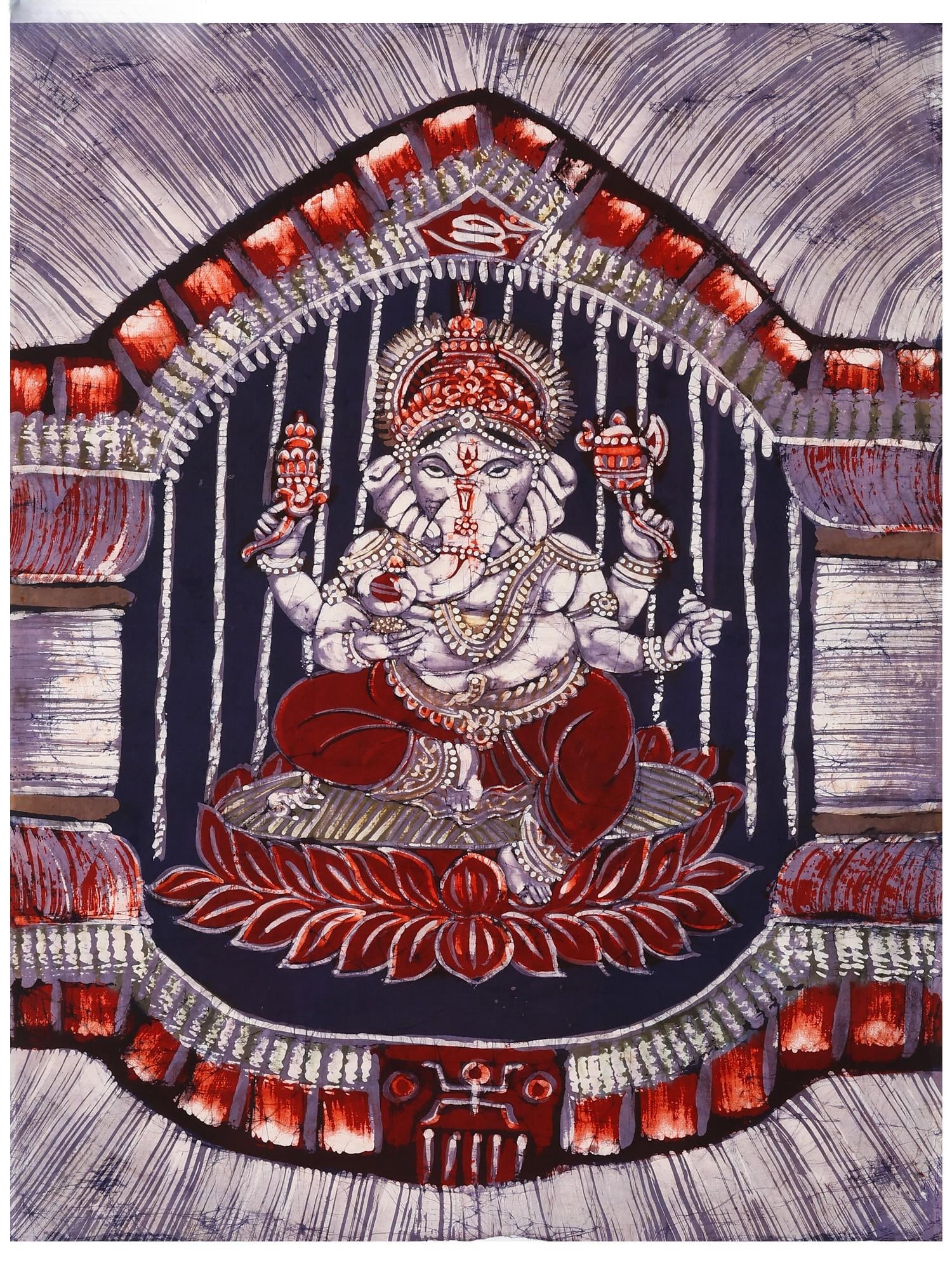 Lord Ganesha Seated on Lotus | Batik Painting (1 of 2)