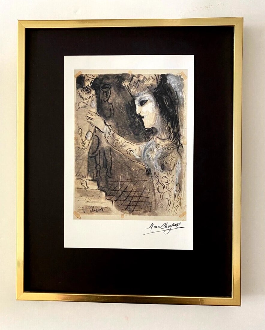 MARC CHAGALL | VINTAGE 1985 | SIGNED PRINT OF THE BIBLE | MOUNTED AND FRAMED: Beautiful and Scarce Vintage 1985 Print After Marc Chagall " Drawing for the Bible " Facsimile Signature in Ink Art Print is about 8 X 6 in. This piece is mounted on a 11 x 14 in. black acid free