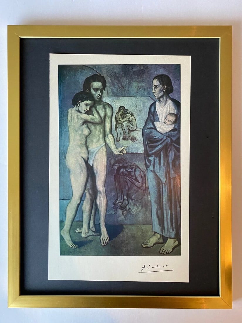 PABLO PICASSO+ ORIGINAL 1954 + SIGNED + HAND TIPPED COLOR PLATE La Vie + FRAMED: Beautiful and Scarce Original 1954 Hand Tipped Color Plate After PABLO PICASSO " La Vie " FACSIMILE SIGNATURE IN INK Art Print is about 12 X 7 in. PABLO PICASSO 1954 COLOR PLATE HAND TIPPED OVER PAPER
