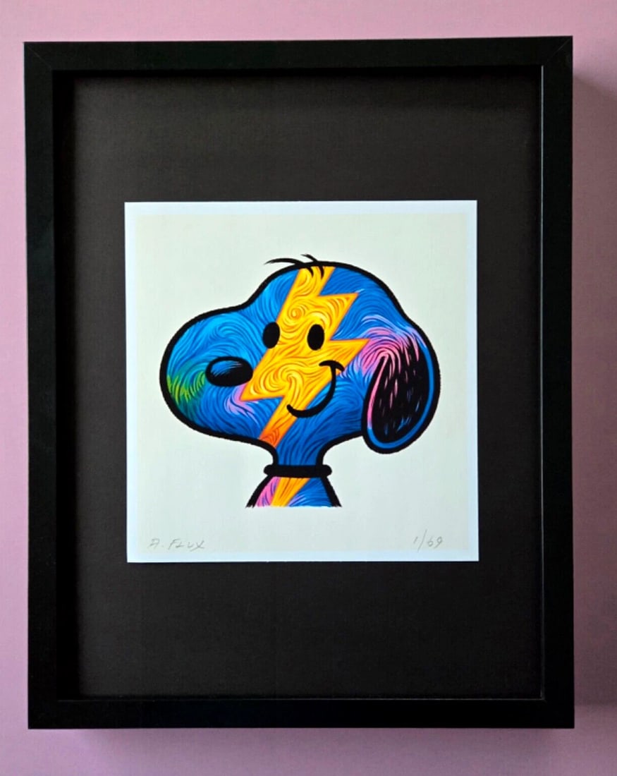 AIDAN FLUX | Hand Signed Authentic Print Framed Snoopy as David Bowie COA: This is a one-of-a-kind Hand Signed Authentic Giclee by AIDAN FLUX. From his Series "American Icons" The artist has created a stunning piece of art that features a powerful message about women's
