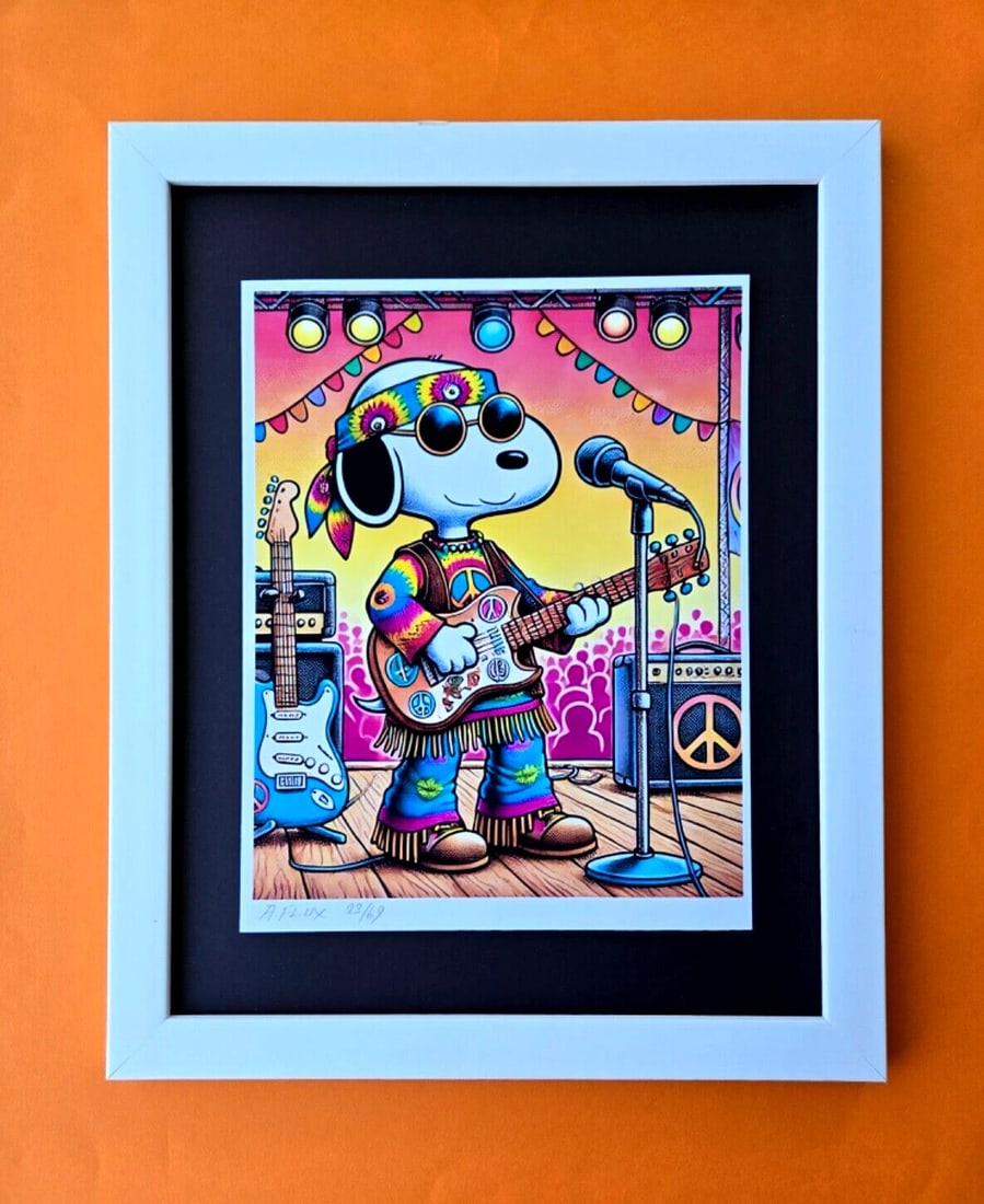 AIDAN FLUX | Hand Signed Print Ed. of Only 69 SNOOPY at WOODSTOCK CONCERT COA: This is a one-of-a-kind Hand Signed Authentic Giclee by AIDAN FLUX. From his Series "American Icons" The print is 10x8in., measuring framed 16 inches in height and 12 inches in width, it comes framed