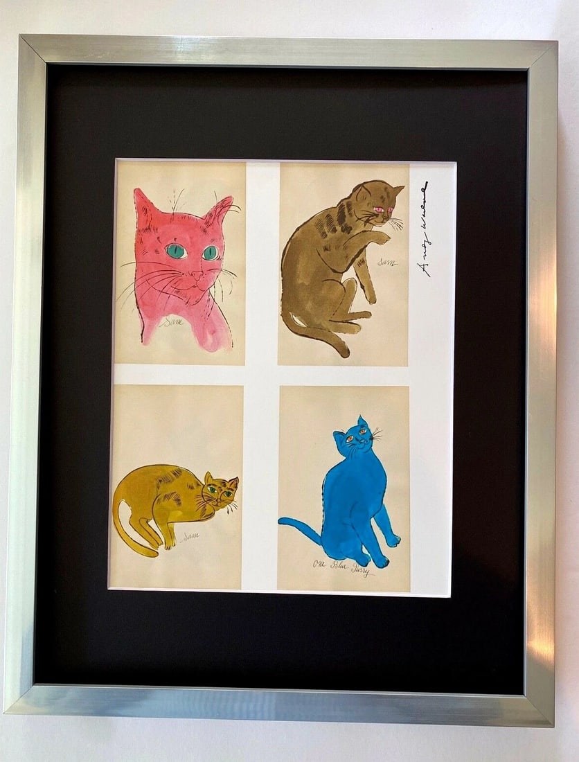 ANDY WARHOL | "CATS" SIGNED VINTAGE PRINT IN 11X14 MATTED AND FRAMED!: ANDY WARHOL "CATS" 3 1980'S VINTAGE PRINT SIGNED IN INK HIGH QUALITY BOOK PLATE VERY GOOD CONDITION WITH EXPECTED HANDLING, CREASING AND TONING FOR A VINTAGE PRINT OF 1980'S MATTED AND BACKED WITH