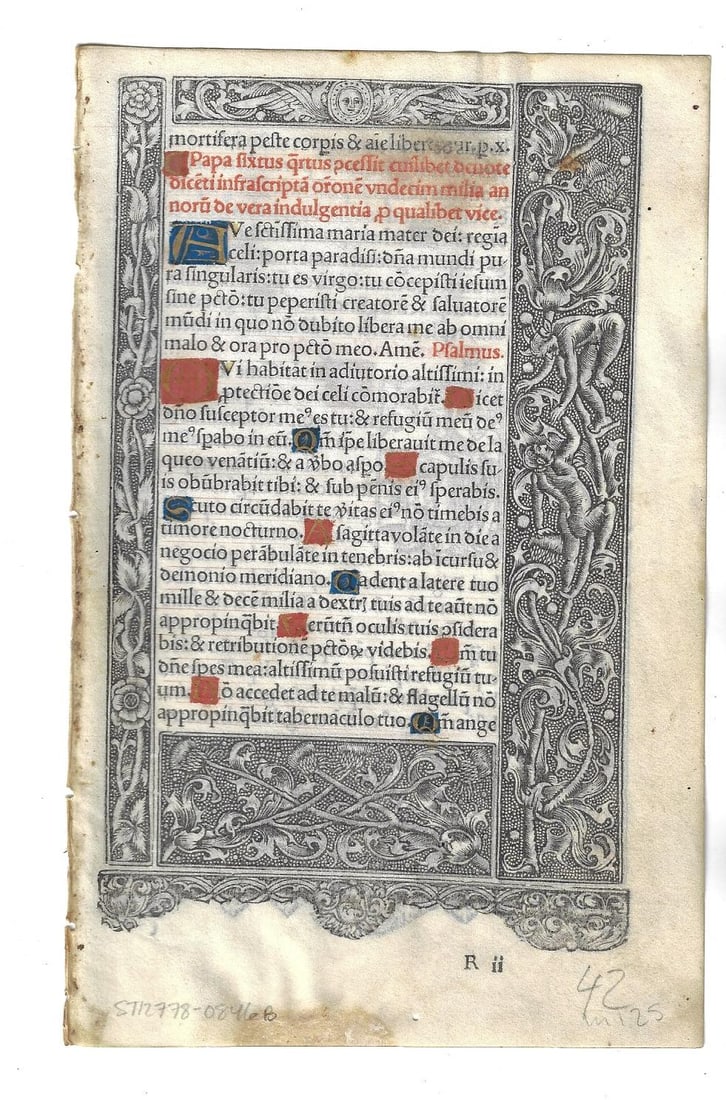 1523 Iluminated Book of Hours Leaf on Vellum: A beautifully illuminated printed Book of Hours leaf on vellum with Renaissance metal-cut borders. Printed at Paris by the widow of Thielmann Kerver, 1523. Several initials in red and blue with gold