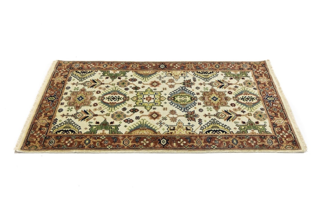 Cream and Rust Tribal Geometric 3X5 Indo-Karajeh Oriental Rug - 7