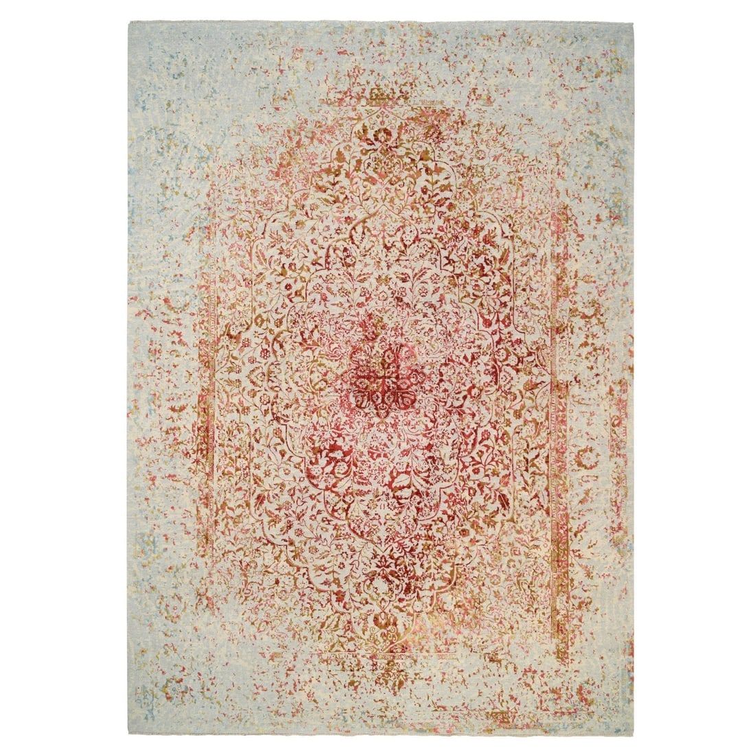Ivory Persian Erased Design Wool and Pure Silk Hand Knotted Rug: Title: Ivory Persian Erased Design Wool and Pure Silk Hand Knotted Rug Description:This is a truly genuine one-of-a-kind. It has been Knotted for months and months in the centuries-old weaving