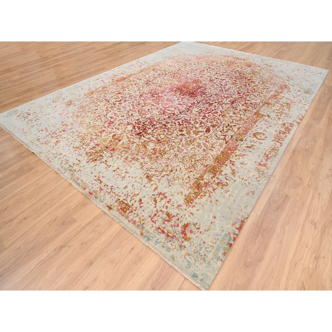 Ivory Persian Erased Design Wool and Pure Silk Hand Knotted Rug - 2