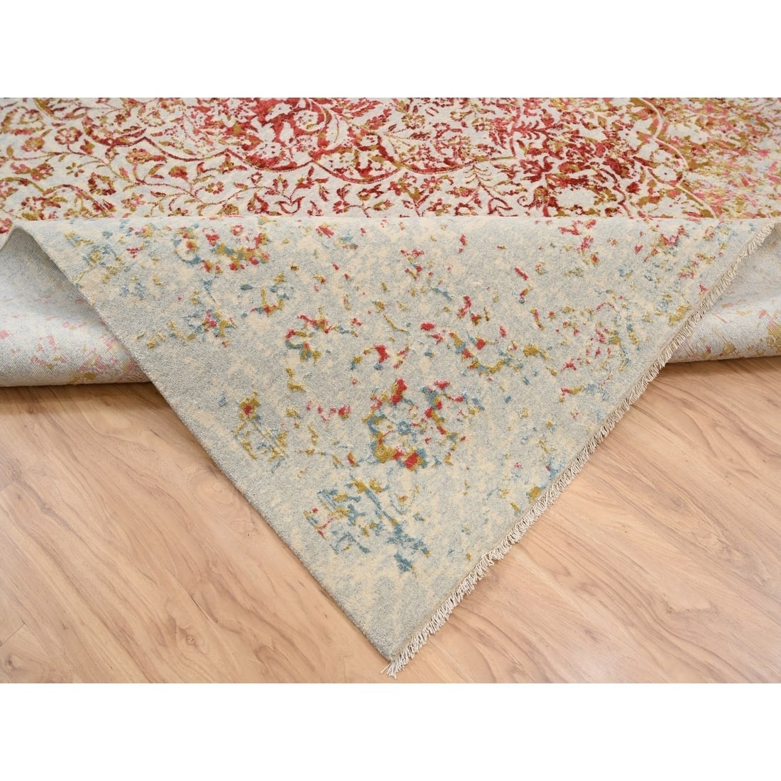Ivory Persian Erased Design Wool and Pure Silk Hand Knotted Rug - 5
