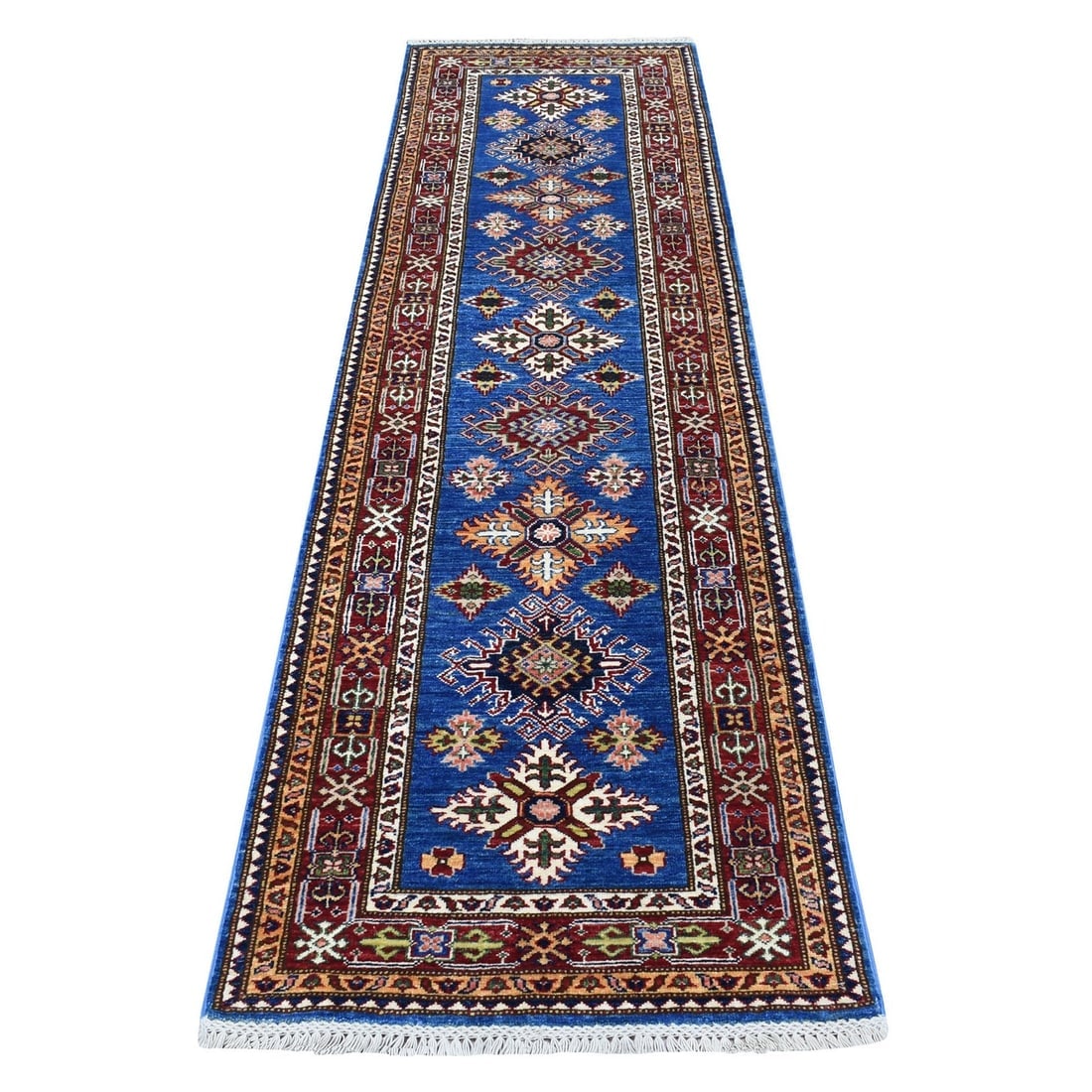 Denim Blue Super Kazak Tribal Design Soft Wool Hand Knotted Rug: Title: Denim Blue Super Kazak Tribal Design Soft Wool Hand Knotted Rug Description:This is a truly genuine one-of-a-kind. It has been Knotted for months and months in the centuries-old weaving