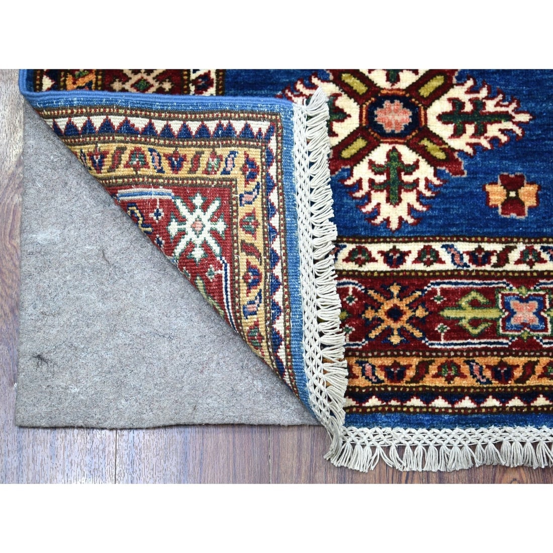 Denim Blue Super Kazak Tribal Design Soft Wool Hand Knotted Rug - 2