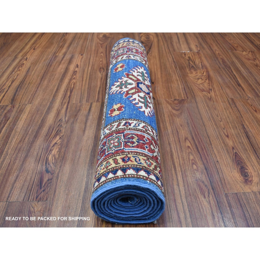 Denim Blue Super Kazak Tribal Design Soft Wool Hand Knotted Rug - 4