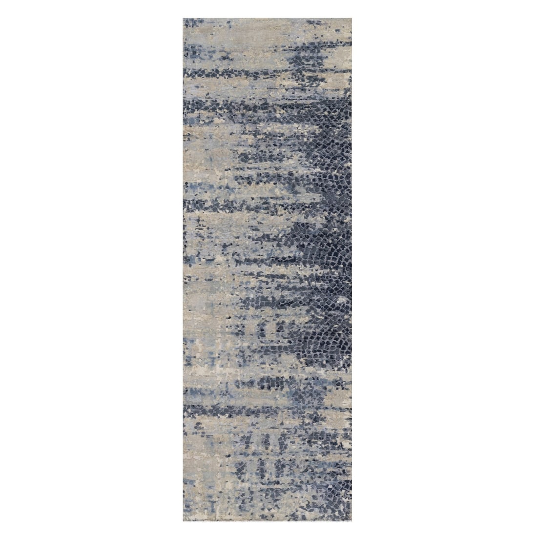 Gray Modern Abstract with Mosaic Design Wool and Silk Runner Rug: Title: Gray Modern Abstract with Mosaic Design Wool and Silk Runner Rug Description:This is a truly genuine one-of-a-kind. It has been Knotted for months and months in the centuries-old weaving crafts