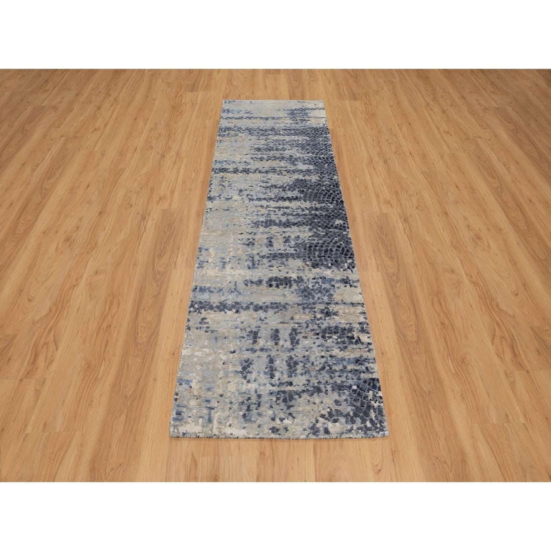 Gray Modern Abstract with Mosaic Design Wool and Silk Runner Rug - 2