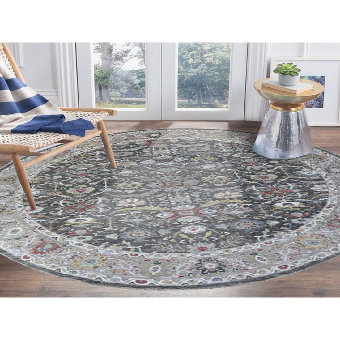 Hand Knotted Vibrant Wool Peshawar Gray Oriental Round Rug - 2