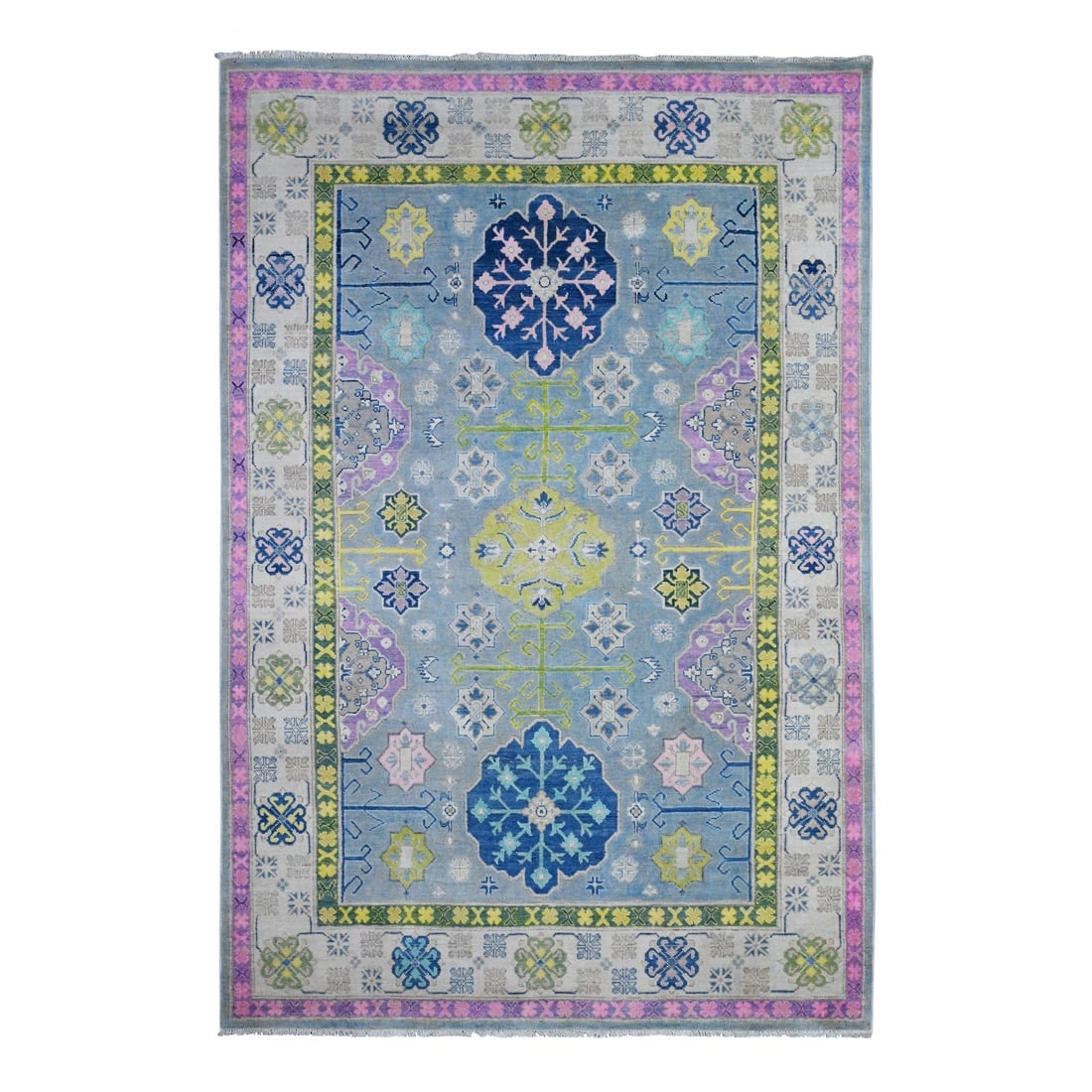 Glaucous Gray Fusion Kazak Vibrant Caucasian Design Oriental Rug: Title: Glaucous Gray Fusion Kazak Vibrant Caucasian Design Oriental Rug Description:This is a truly genuine one-of-a-kind. It has been Knotted for months and months in the centuries-old weaving