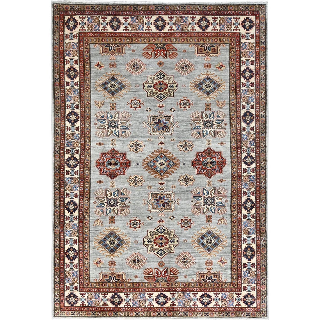Gray Hand Knotted Wool Super Kazak Geometric Motifs Oriental Rug: Title: Gray Hand Knotted Wool Super Kazak Geometric Motifs Oriental Rug Description:This is a truly genuine one-of-a-kind. It has been Knotted for months and months in the centuries-old weaving