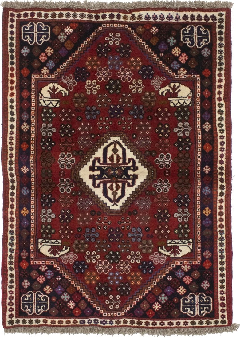 Red Tribal 3'5X5 Shiraz Persian Rug: Title: Red Tribal 3'5X5 Shiraz Persian Rug Description:Hand Knotted vintage 3'5X5 red tribal Persian rug made with natural dyes (fine wool pile and cotton foundation), superior knot count, and