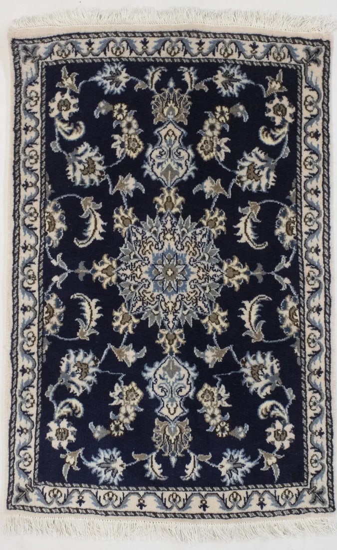 Navy Blue Floral Classic 3X4 Nain Persian Rug: Title: Navy Blue Floral Classic 3X4 Nain Persian Rug Description:Hand Knotted Persian rug made with vegetable dyes (fine wool pile and cotton foundation), superior knot count, and alluring ancient