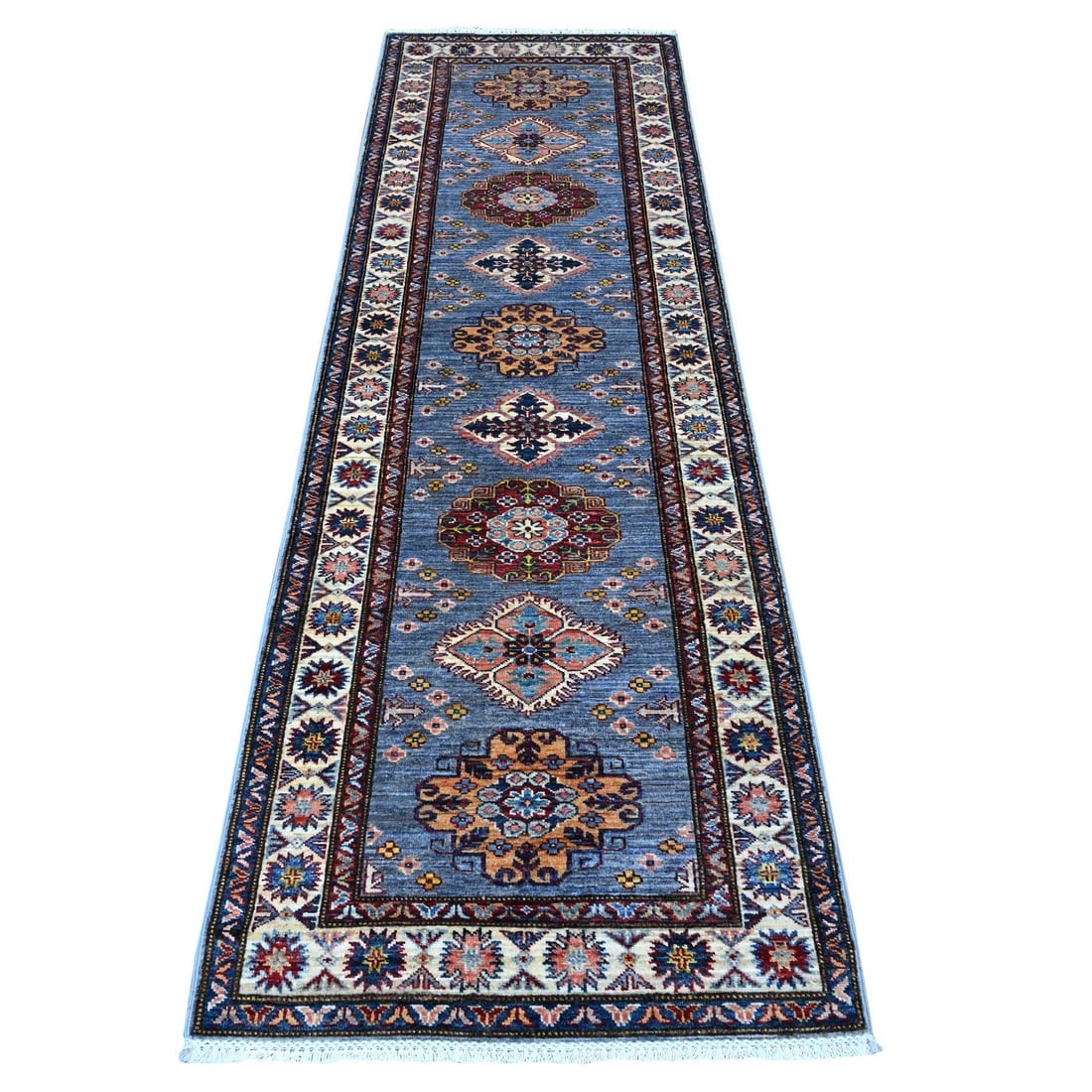 Gray Hand Knotted Super Kazak Medallions Runner All Wool Oriental Rug (1 of 6)