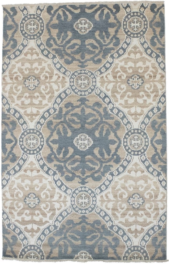 Muted Geometric 5X8 Modern Oriental Rug: Title: Muted Geometric 5X8 Modern Oriental Rug Description:Hand Knotted 5X8 geometric Oriental rug made with vegetable dyes (fine wool pile and cotton foundation), exceptional knot count, and