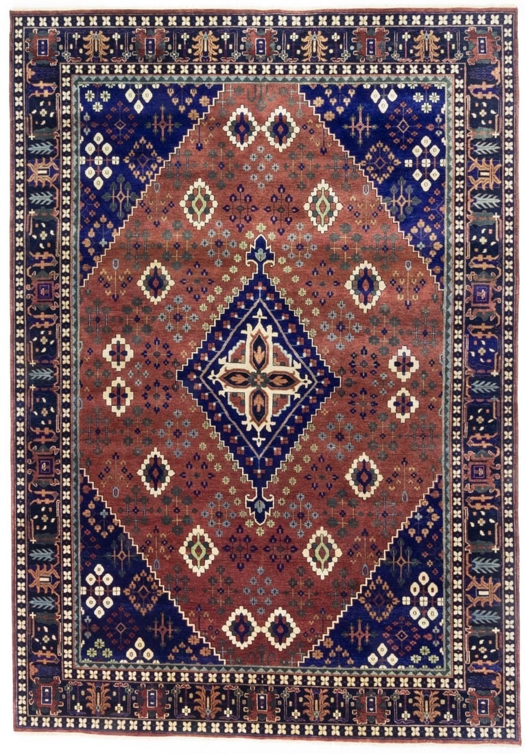 Rust and Navy Tribal 10X14 Indo-Joshaghan Oriental Rug: Title: Rust and Navy Tribal 10X14 Indo-Joshaghan Oriental Rug Description:Hand Knotted 10X14 orange Oriental rug made with vegetable dyes (fine wool pile and cotton foundation), superior knot count,